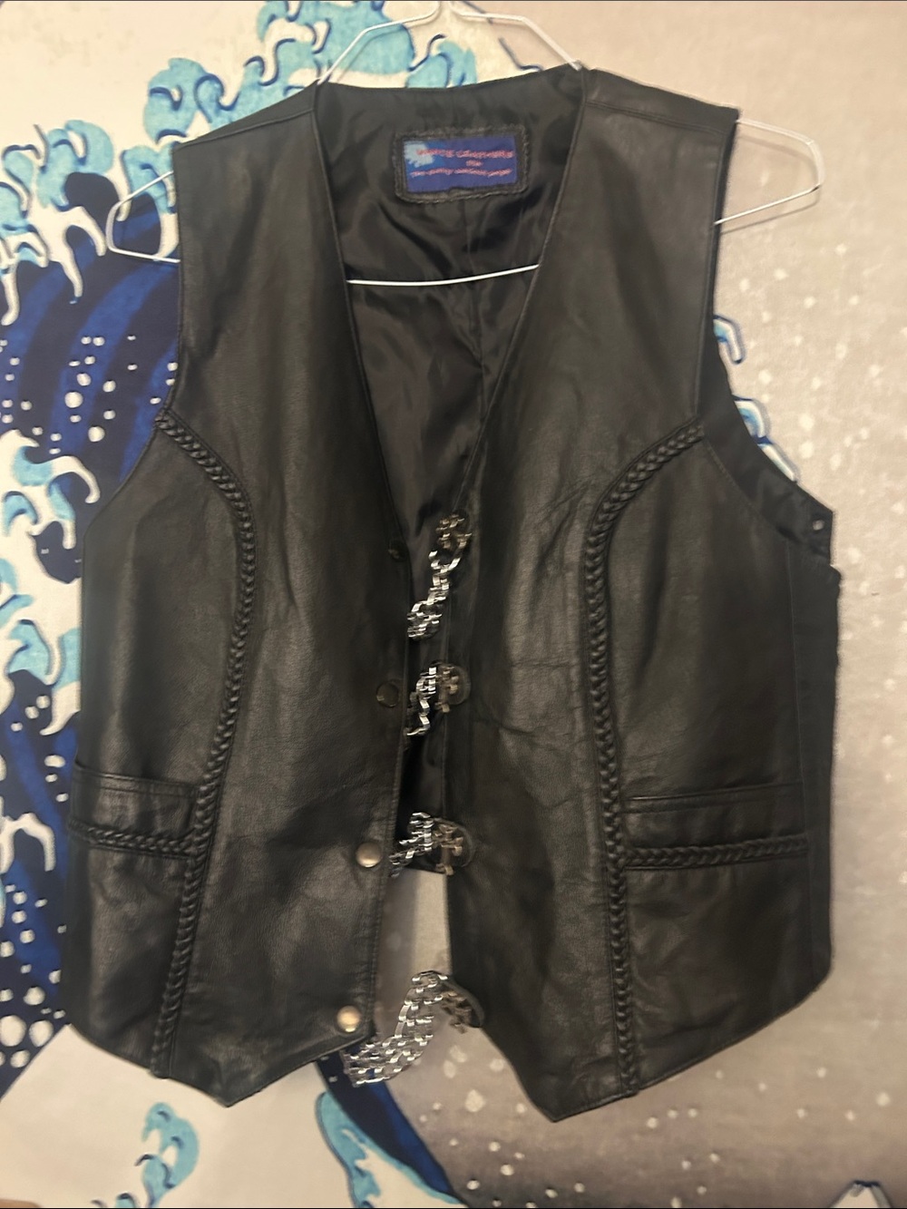 Black Leather Chain-Front Vest with Braided Trim